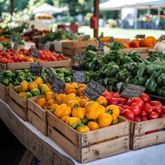 Colorful Outdoor Produce Market Stall with Fresh Organic Vegetables and Fruits