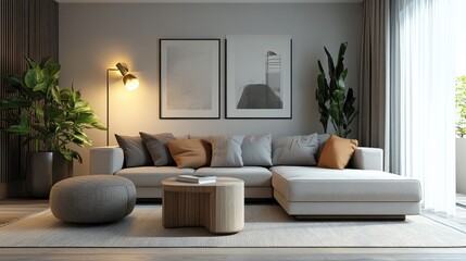 A living room with a couch, coffee table, and potted plants