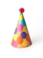 A colorful party hat with a red ball on top