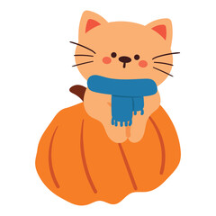 hand drawing cartoon cat with blue scarf and pumpkin. cute animal drawing, doodle for autumn vibes