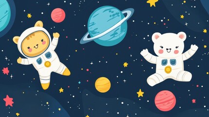 Naklejka premium Two cartoon bears are in space, one of them is wearing a spacesuit