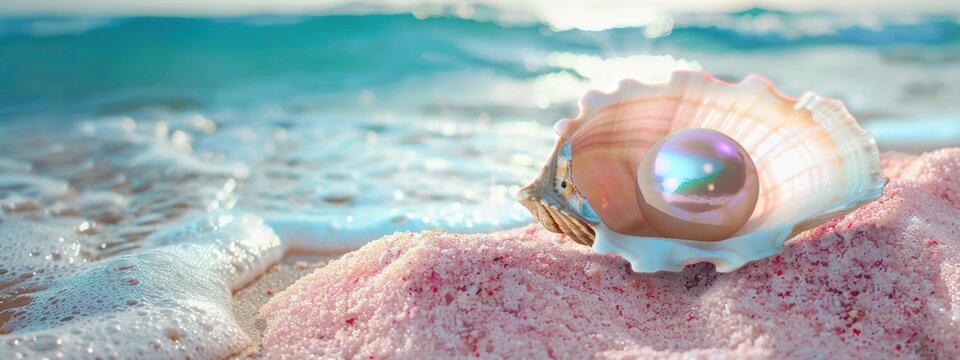 Beautiful pearl delicately hidden in an open shell on a soft pink sand background.