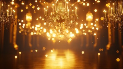 Golden Chandelier with Warm Bokeh Lights in a Dark Room