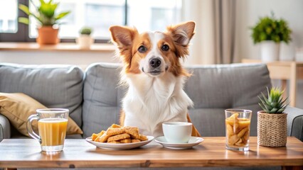 Dog enjoying drinks and snacks at home after work, pet, canine, alcohol, food, relaxation, cozy, home, after hours