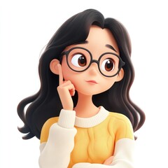 Thoughtful Cartoon Girl with Glasses and Yellow Sweater