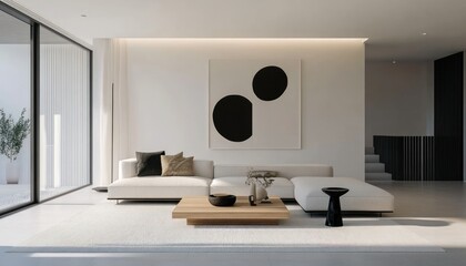 Modern Living Room with White Couch, Wooden Coffee Table, and Abstract Art