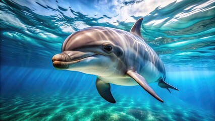Obraz premium A close-up photo of a playful dolphin swimming gracefully in the ocean, dolphin, marine mammal, sea creature