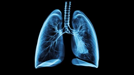 Blue-toned, transparent 3D rendering of a human respiratory system.