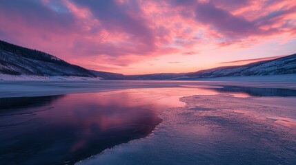 Fototapeta premium Pink Sunset Reflecting on a Frozen Lake Surrounded by Mountains