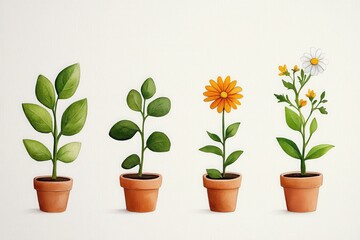 Obraz premium A colorful illustration of four plants in terracotta pots, showcasing the beauty of nature and growth.