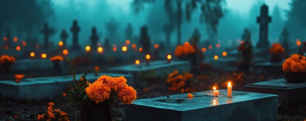 Quiet Cemetery at Dusk with Glowing Candles, Marigolds, and Offerings on Graves