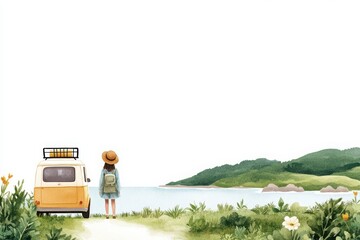 Fototapeta premium A serene landscape featuring a yellow car and a traveler admiring a tranquil seascape. Perfect for adventure and travel themes.