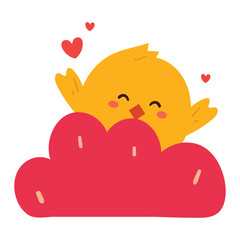 hand drawing cartoon chick with pink cloud. cute animal drawing, doodle