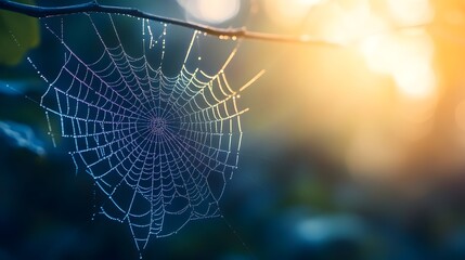 Delicate Spider Web Glistening with Morning Dew in Forest Clearing Captured Under Microscope