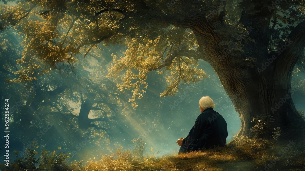 Poster an elderly man sits in a sunlit forest under a large tree, with rays of sunlight streaming through t