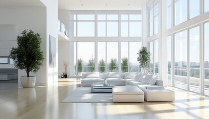 Obraz premium Modern White Living Room with City View and Large Windows