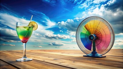 Rainbow colored fan and cocktail glass on a wooden table with open sky in the background , rainbow, fan, colors, colorful