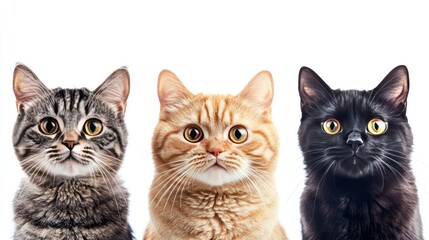 Three Cats with Curious Expressions and Bright Eyes