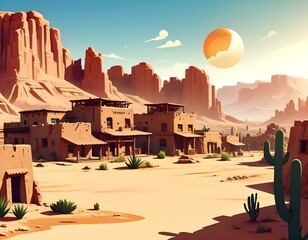 Obraz premium A desert town with adobe-style buildings, a large rock formation in the background, and a bright sun in the sky
