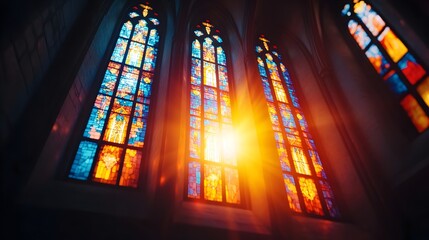 Dramatically Lit Stained Glass Cathedral with Jewel Toned Celestial Beams and Ornate Baroque Details