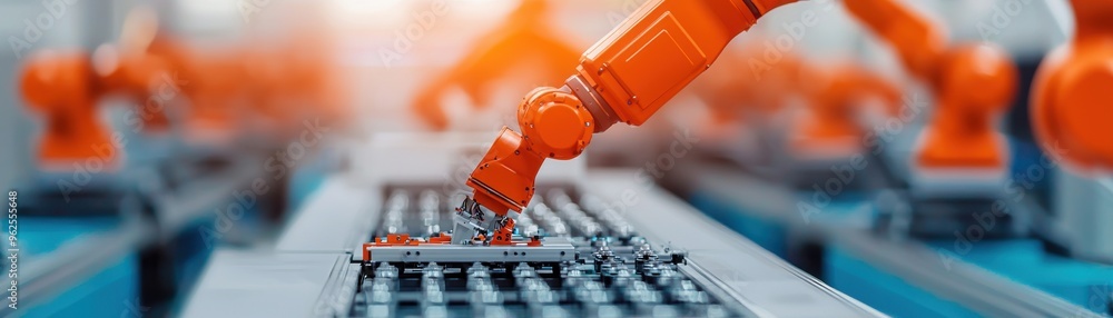 Poster a robotic arm expertly assembles components on a modern production line, showcasing advanced automat
