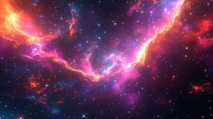 Fototapeta premium A vibrant nebula with pink, red, and yellow clouds in a starry night sky.