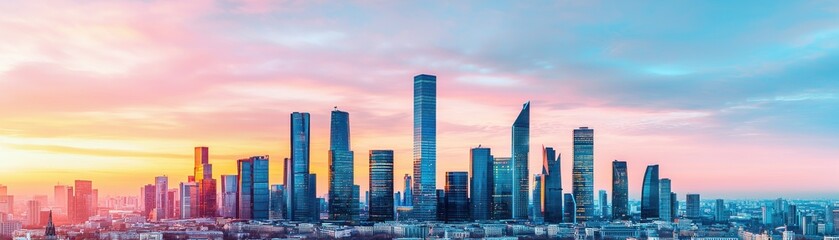 Fototapeta premium A stunning city skyline at sunset, showcasing modern architecture against a vibrant sky with hues of pink and blue.