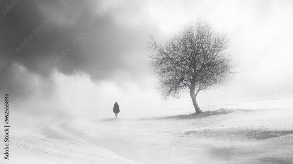 Canvas Prints Solitary Figure Walking Towards a Bare Tree in a Foggy Landscape