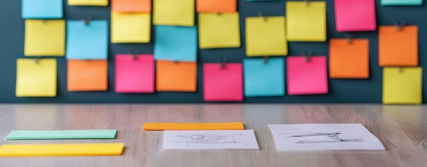 Colorful sticky notes on a wall create a vibrant workspace for brainstorming and organization, enhancing creativity and productivity.