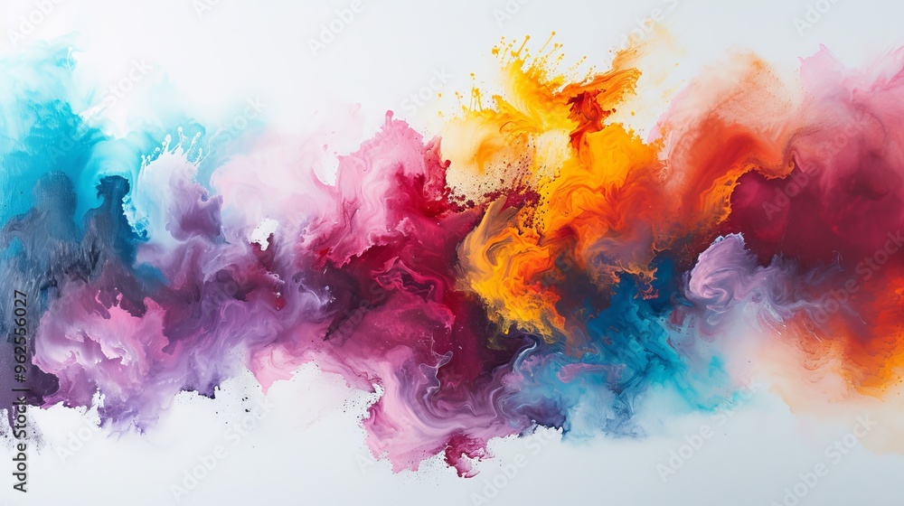 Poster stunning abstract art featuring a vibrant explosion of colors including blue, red, and yellow on a w