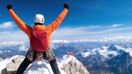 A climber celebrates reaching the summit, surrounded by breathtaking mountain views, embodying triumph and adventure.
