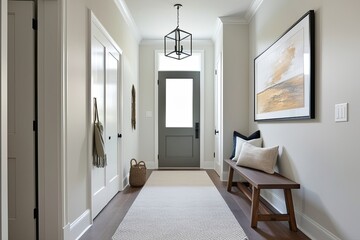 Fototapeta premium Minimalist Hallway Decor Ideas Featuring a Welcoming Bench in the Entryway