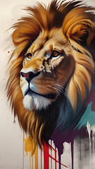 Fototapeta premium Abstract image of a roaring lion with dynamic brush strokes, vibrant paint splashes, and bold colors. Large brushstrokes and textured details give the image an oil painting style, evoking strength and