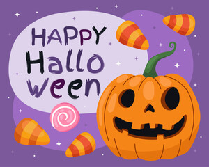 Halloween greeting card. Halloween pumpkin, jack-o-lantern on a purple background. The inscription "happy halloween", candies.