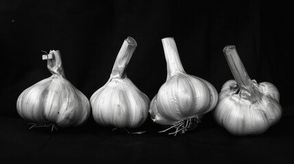 Obraz premium Garlic bulbs in white on a black backdrop.