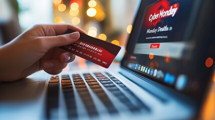 Person holding credit card while shopping online for Cyber Monday deals on a laptop with festive lights in the background.