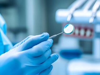 Fototapeta premium Patient Closely Inspects Freshly Cleaned Teeth in Sleek Advanced Dental Office