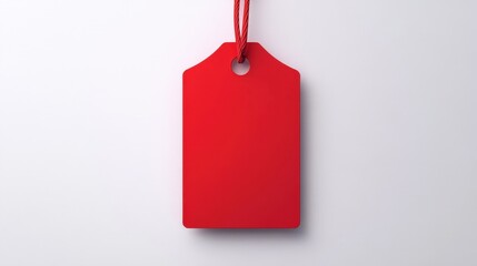 Close-up of a red blank price tag hanging on a white background, perfect for marketing and retail design projects.