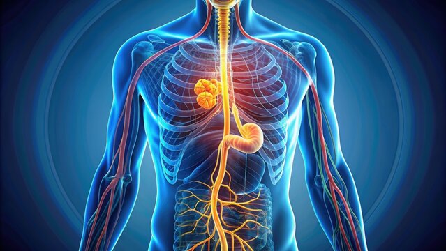 of a stomach with the vagus nerve experiencing a stomachache , stomach, vagus nerve, anatomy, organ, digestive system