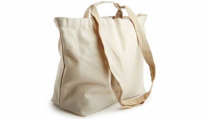 Beige Canvas Tote Bag With Long Handles Isolated On White Background