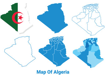 Algeria Maps in different style political map flag outline vector illustration set