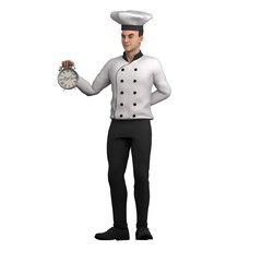 Male Chef Illustration in 3D. A male chef stands holding a classic alarm clock in his hand, signaling that cooking time is of the essence. Professional