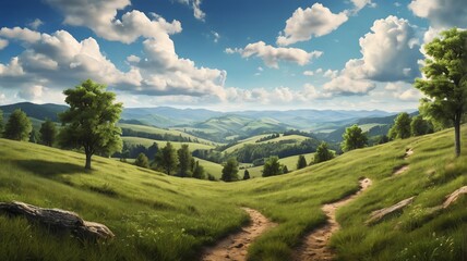 Idyllic Summer Landscape with Green Meadow and Blue Sky