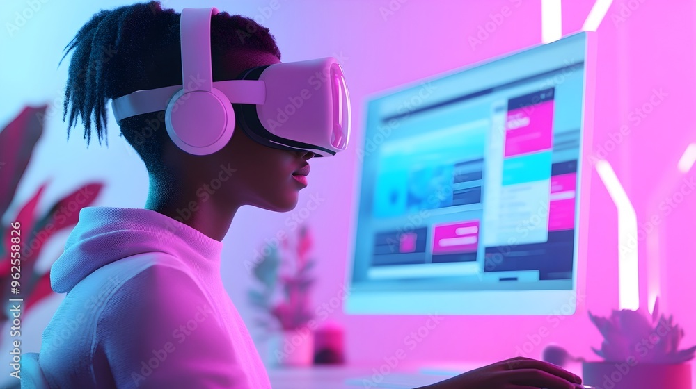 Poster immersive virtual reality experience of futuristic web development in sleek 3d environment