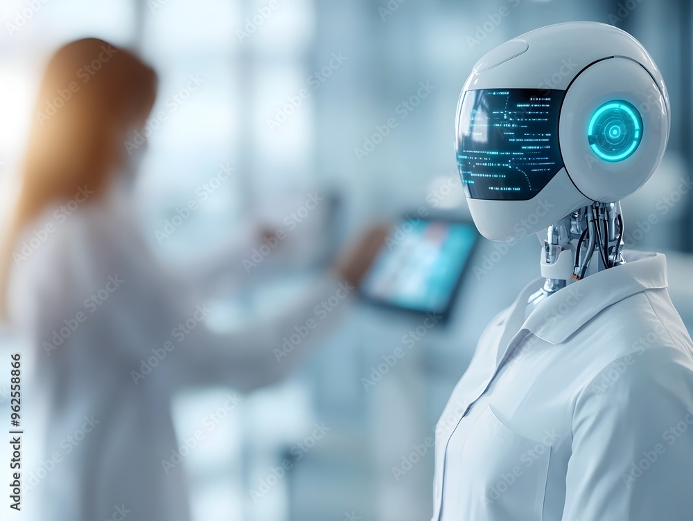 Poster ai powered chatbot assists doctor in futuristic medical setting with advanced diagnostic tools and h