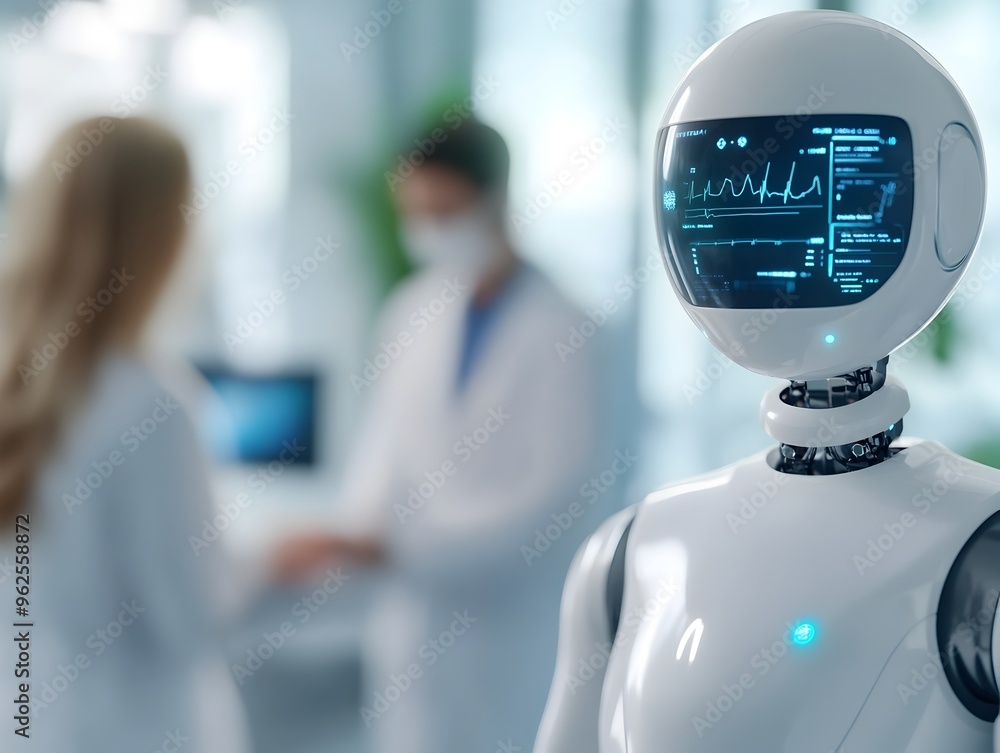Poster ai powered chatbot assists doctor in futuristic medical setting with advanced diagnostic tools and h