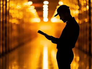 Silhouette of a logistics manager reviewing cargo inventory reports inside a storage facility, silhouette manager reviewing, storage inventory management