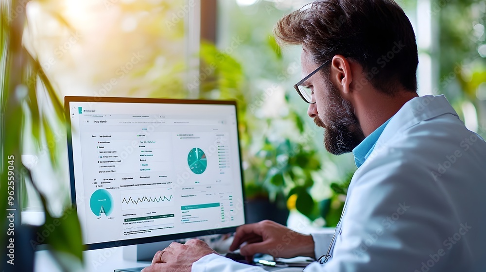 Poster medical theme developer enhancing website search optimization on sleek dashboard