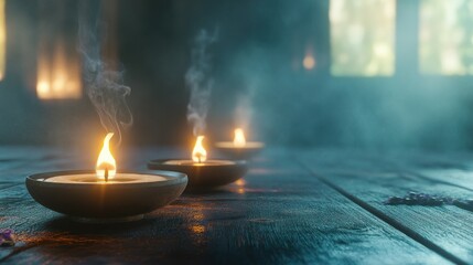 Three Burning Candles with Smoke on a Wooden Table