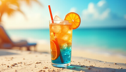Obraz premium Tropical Drink with Orange Slice on a Beach Setting